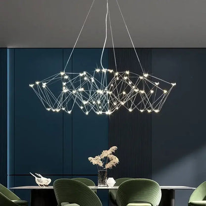 Modern geometric cube light pendant lamp with thin metallic wires and bright white LED lights for dining room decorbites cube light