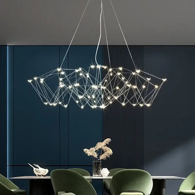 Modern geometric cube light pendant lamp with thin metallic wires and bright white LED lights for dining room decorbites cube light