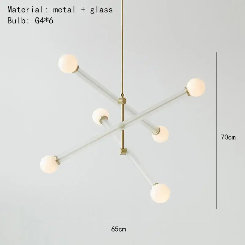 Modern geometric decorbites colorful chandelier with brass frame and six clear glass spherical bulbs for dining room light