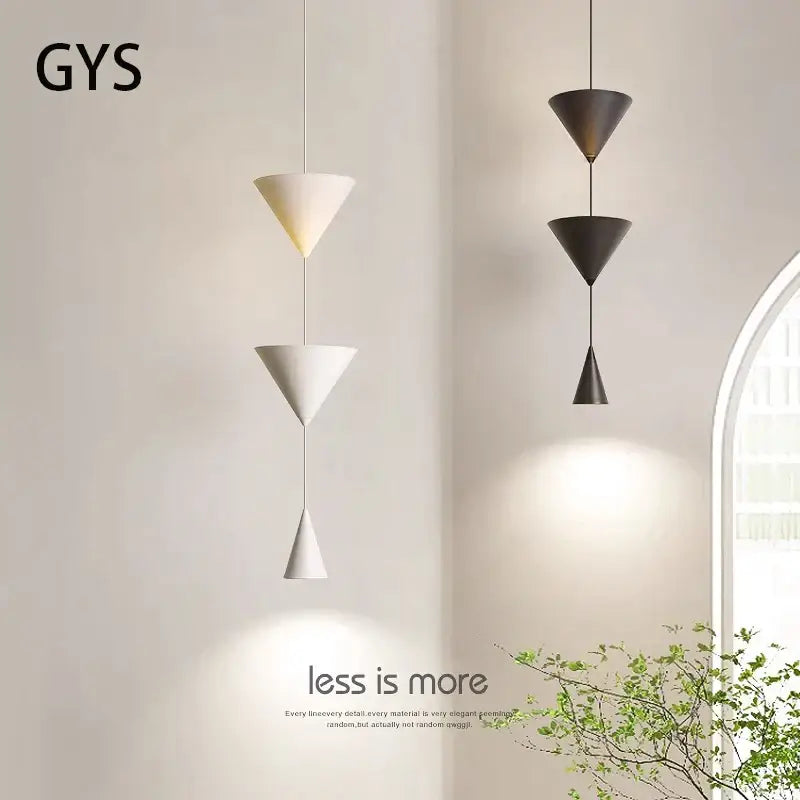 Modern geometric decorbites cone long led pendant bedroom light with stacked conical shades in matte white and dark bronze finishes