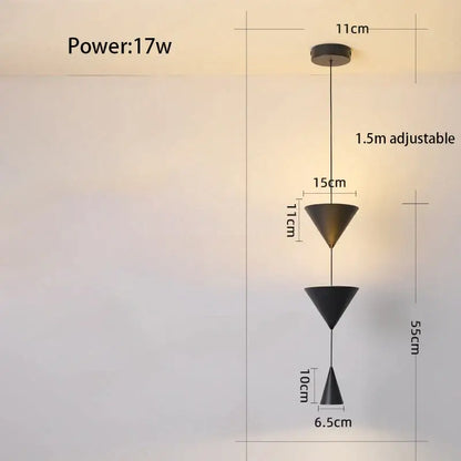 Modern geometric decorbites cone long led pendant bedroom light with black and brass two tiered cone shades and adjustable chain