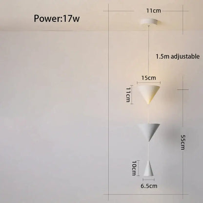 White decorbites cone long led pendant light with three stacked cone shades and adjustable 1.5m hanging length