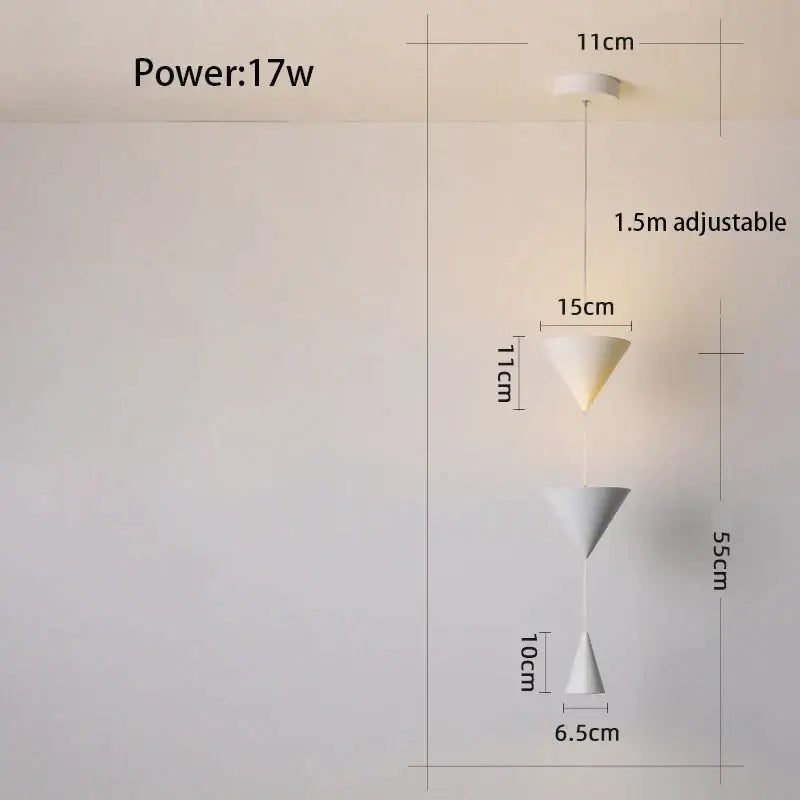 White decorbites cone long led pendant light with three stacked cone shades and adjustable 1.5m hanging length