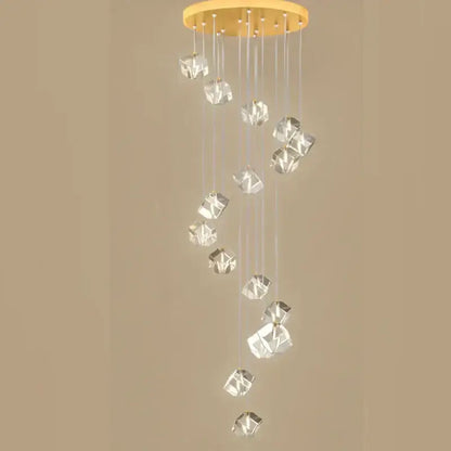 Modern geometric decorbites crystal led chandelier with light wood top and clear faceted glass orbs for staircase lighting