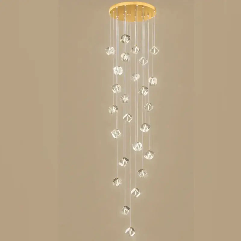 A modern decorbites crystal led chandelier with gold circular mount and clear faceted glass beads for staircase lighting