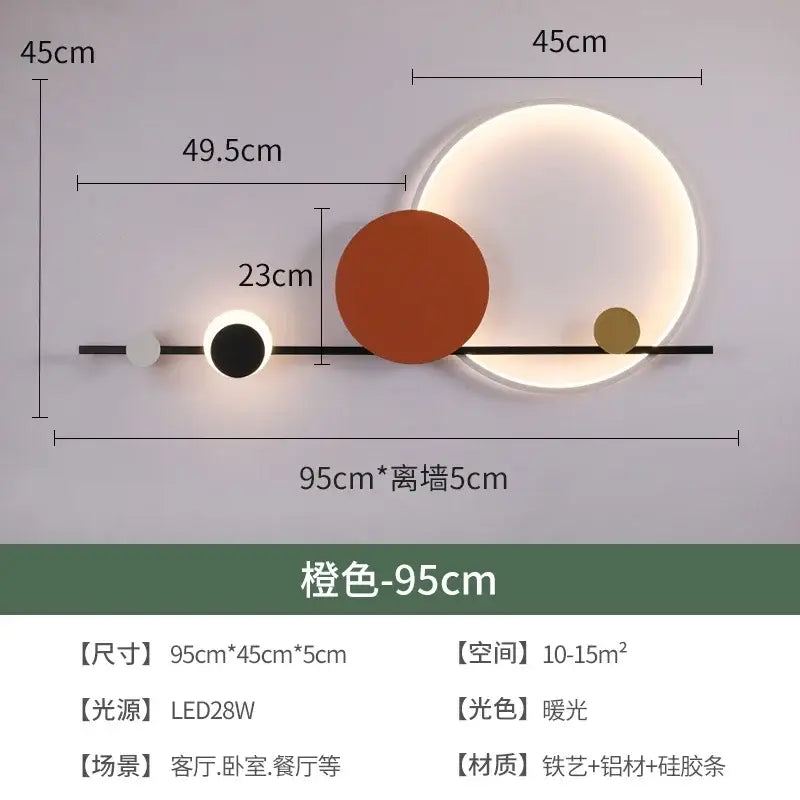 Modern geometric decorbites led wall sconce with three warm orange orbs on a sleek black bar for bedroom lighting