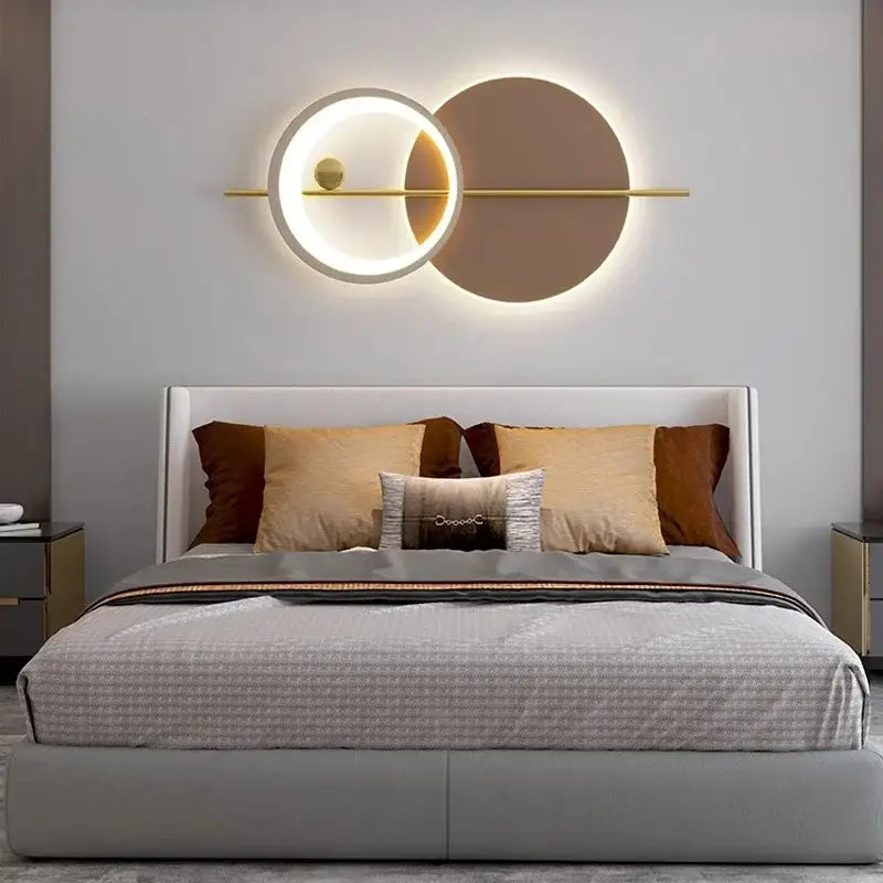 Modern geometric decorbites led wall sconce with glowing white ring gold accent and matte brown disc for bedroom light