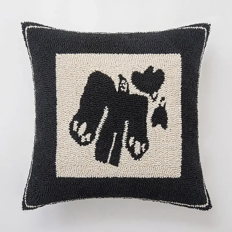 Black and cream hooked rug cushion cover with stylized butterfly design modern geometric embroidered cushion decorbites