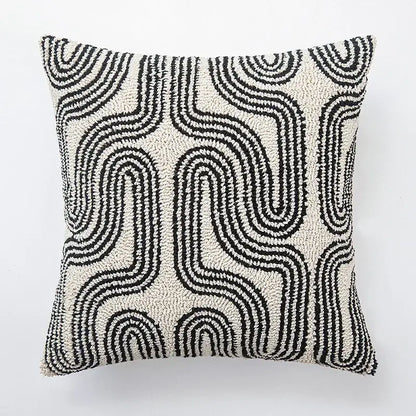 Cream cushion cover with bold black geometric embroidered wave pattern for modern living room decorbites decor