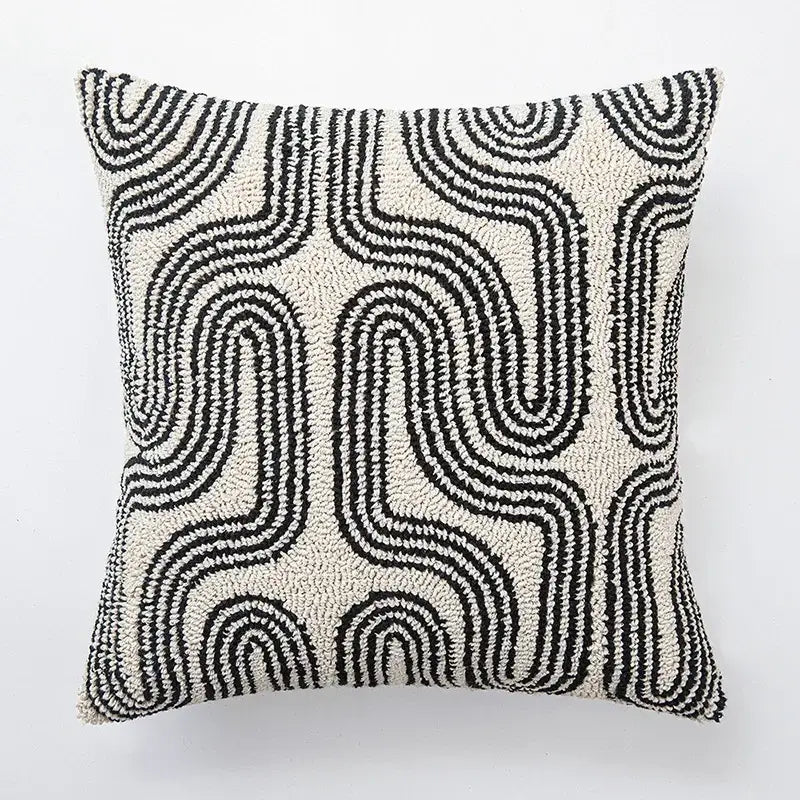 Cream cushion cover with bold black geometric embroidered wave pattern for modern living room decorbites decor