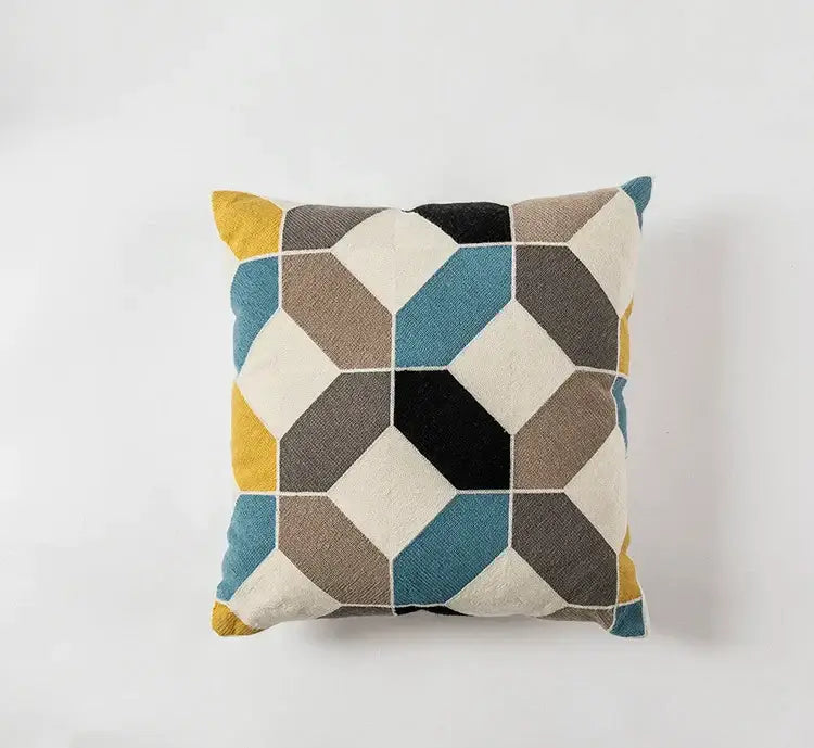 Modern geometric embroidery cushion cover featuring interlocking hexagons in beige teal blue brown black and mustard yellow for living room decorbites geometric embroidery decor