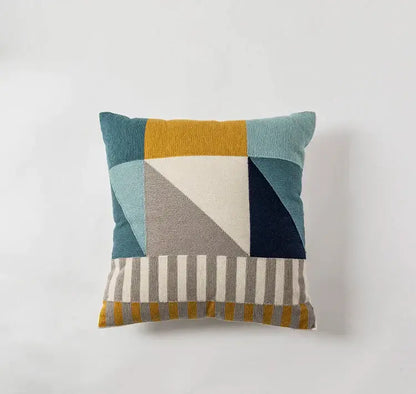 Modern geometric embroidery cushion cover with teal mustard navy and cream blocks and striped embroidered borders for decorbites decor