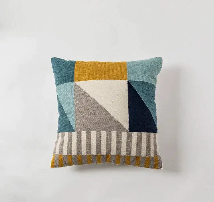 Modern geometric embroidery cushion cover with teal mustard navy and cream blocks and striped embroidered borders for decorbites decor