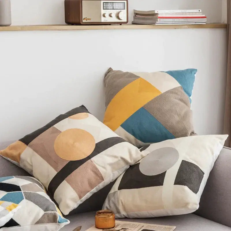 Modern geometric embroidery cushion covers in beige mustard teal and charcoal gray for living room decorbites decor