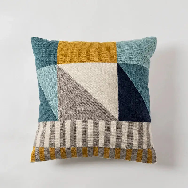 Modern geometric embroidery cushion cover set featuring teal mustard cream and navy with gray white stripes decorbites geometric embroidery