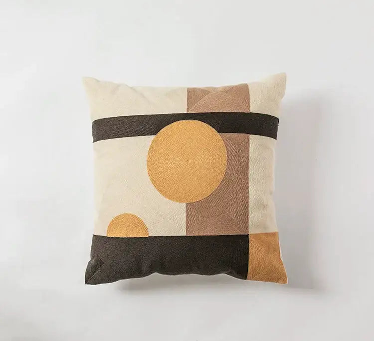 Beige and brown geometric embroidery cushion cover with circular patterns for modern living room decorbites decor