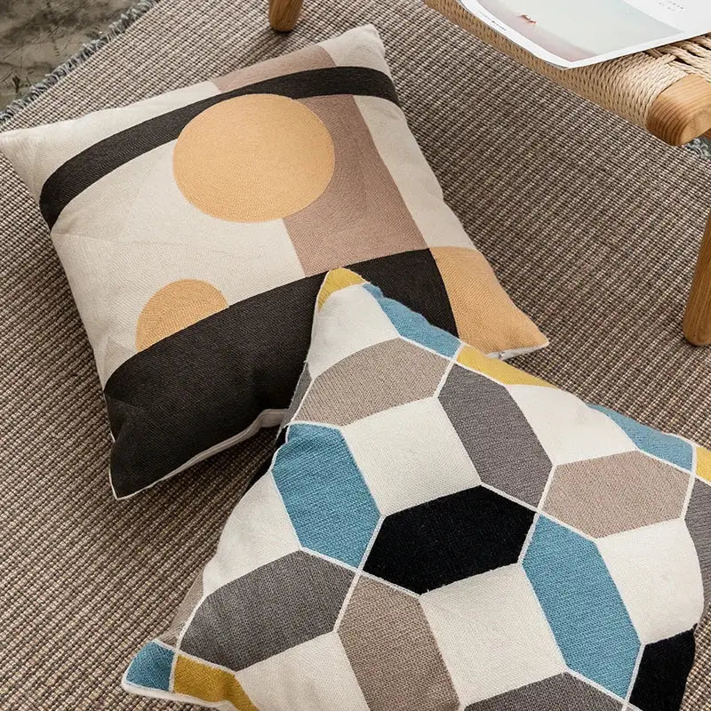 Modern geometric embroidery cushion set featuring beige black tan striped and blue gray woven hexagon covers for decorbites decor