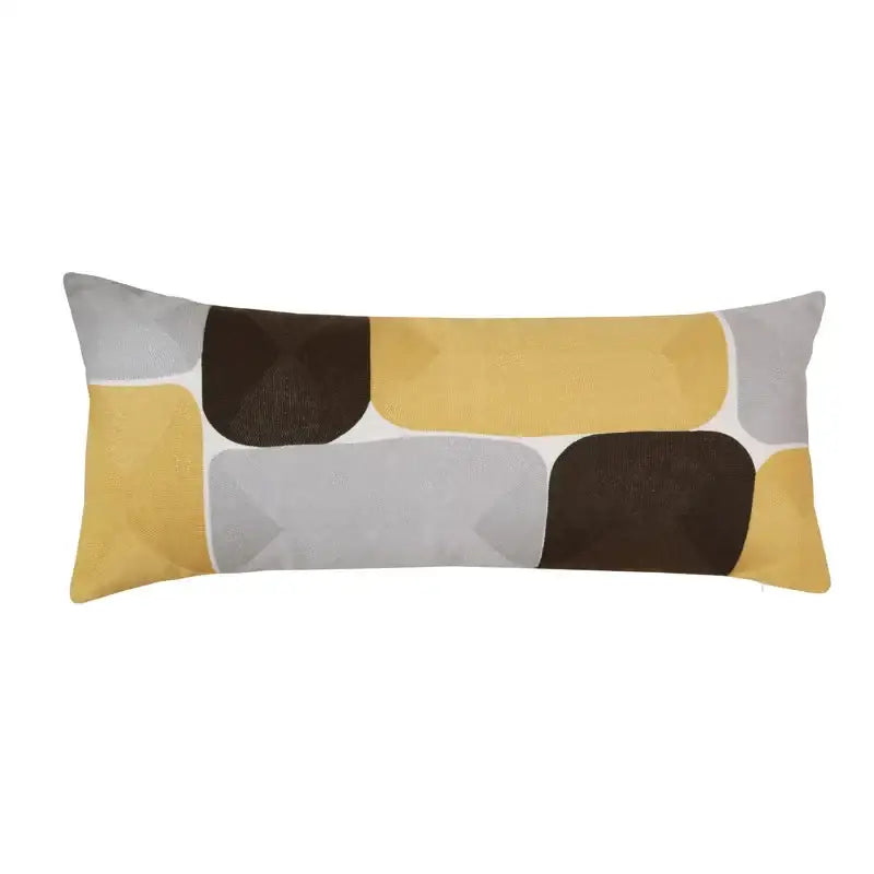 Long rectangular pillow cover with modern geometric embroidery in mustard yellow charcoal brown and light gray for living room decor