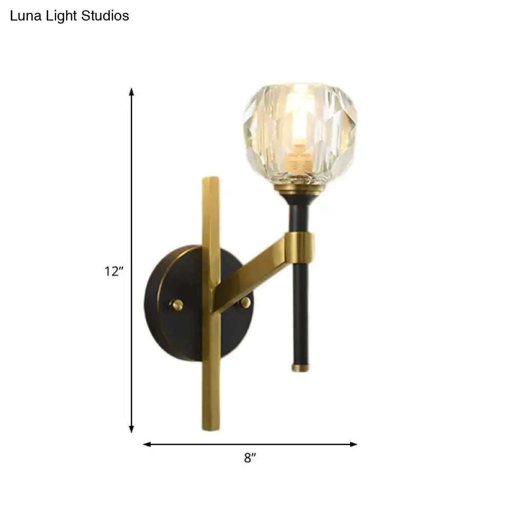 Modern geometric flush black and gold wall sconce with faceted crystal globe for 220v-240v and 110v-120v lighting
