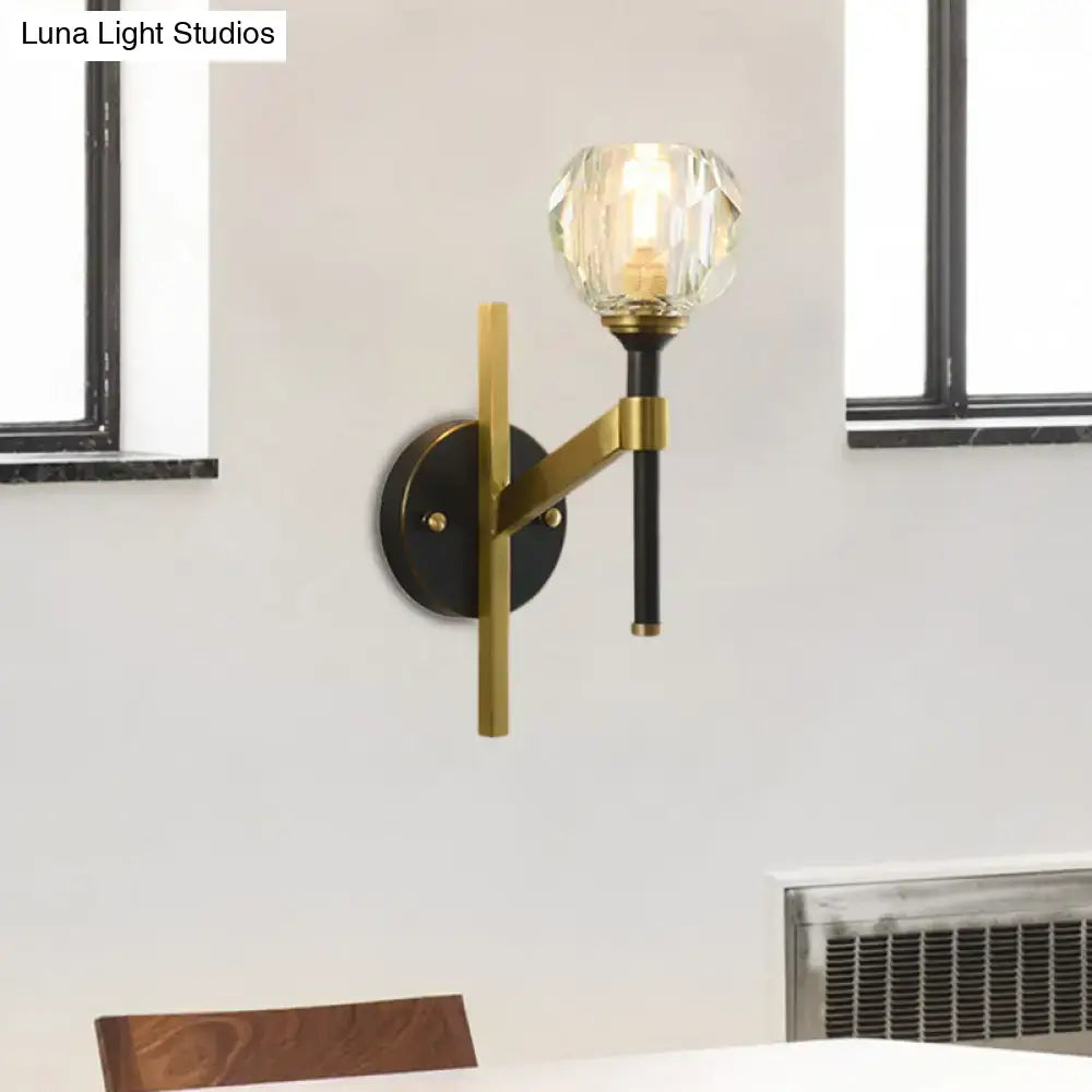 Modern geometric flush wall sconce with black base, gold metal arms, faceted crystal shade for 220v-240v and 110v-120v use