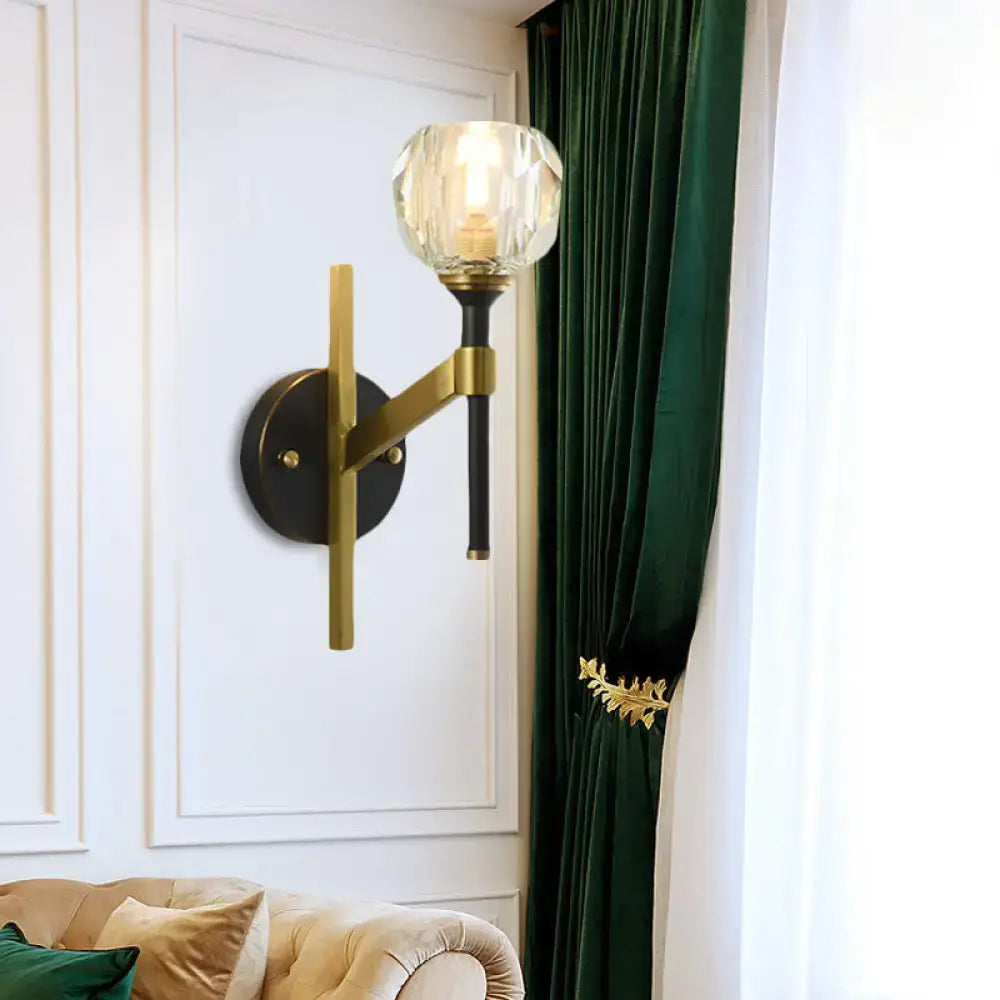 Modern geometric flush black and gold wall sconce with faceted crystal glass shade and black metal arm for bedroom light 220v-240v 110v-120v