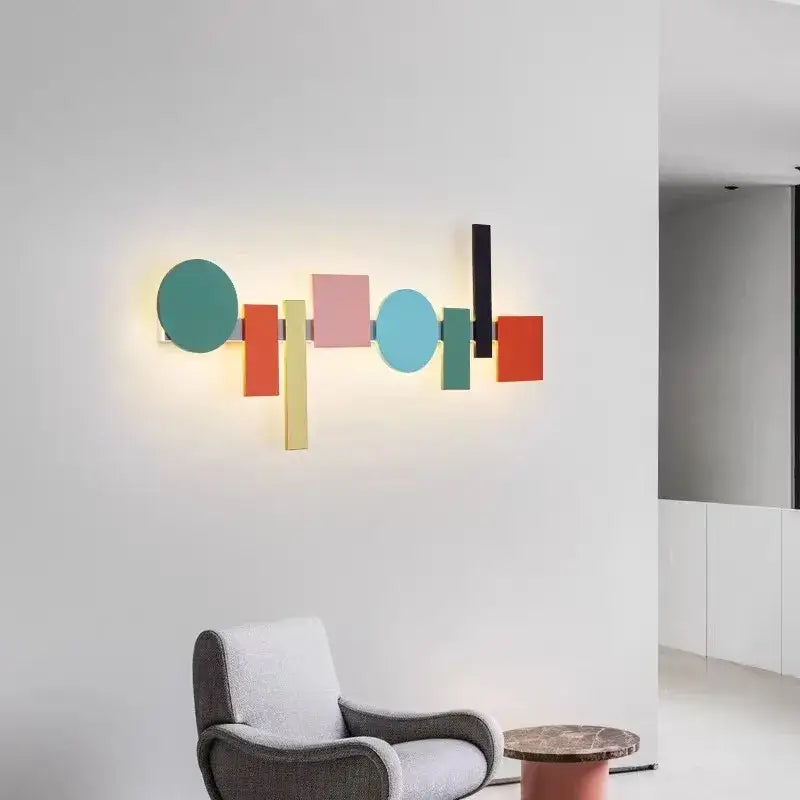 Modern geometric flush mount colorful wall sconce with teal pink orange yellow green black and red panels for bedroom decorbites geometric flush