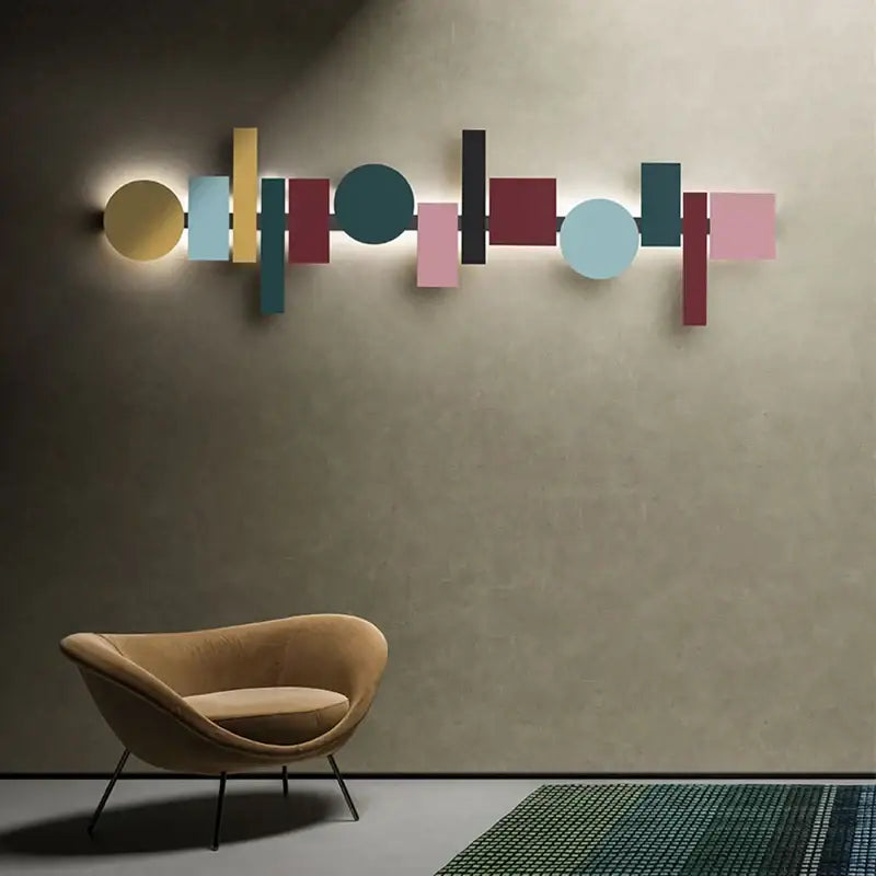 Modern geometric flush mount wall sconce with colorful gold teal maroon pink and blue flat-cut shapes for bedroom decorbites geometric flush