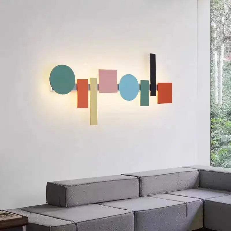 Modern geometric flush mount wall sconce with colorful teal pink orange yellow and black panels for bedroom decorbites geometric flush