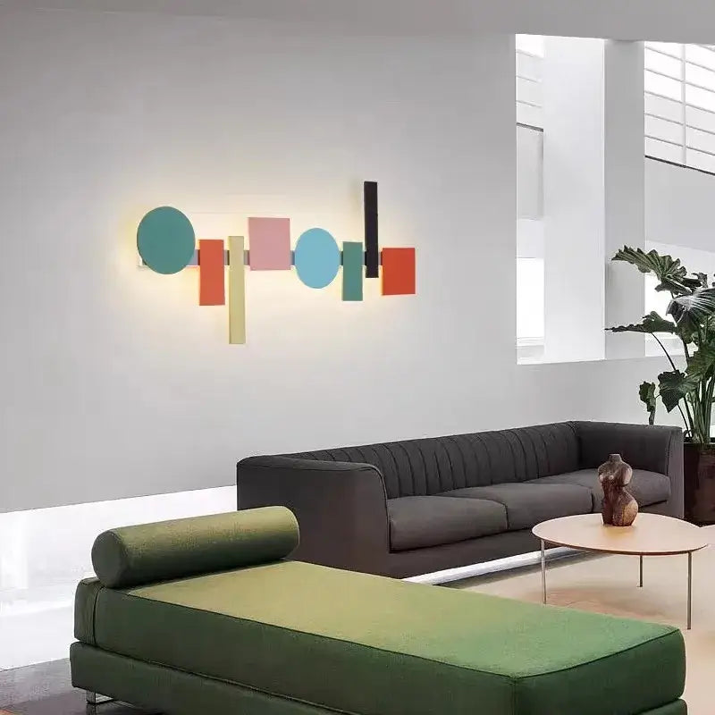 Modern geometric flush mount wall sconce with colorful circular and rectangular panels for bedroom decorbites geometric flush