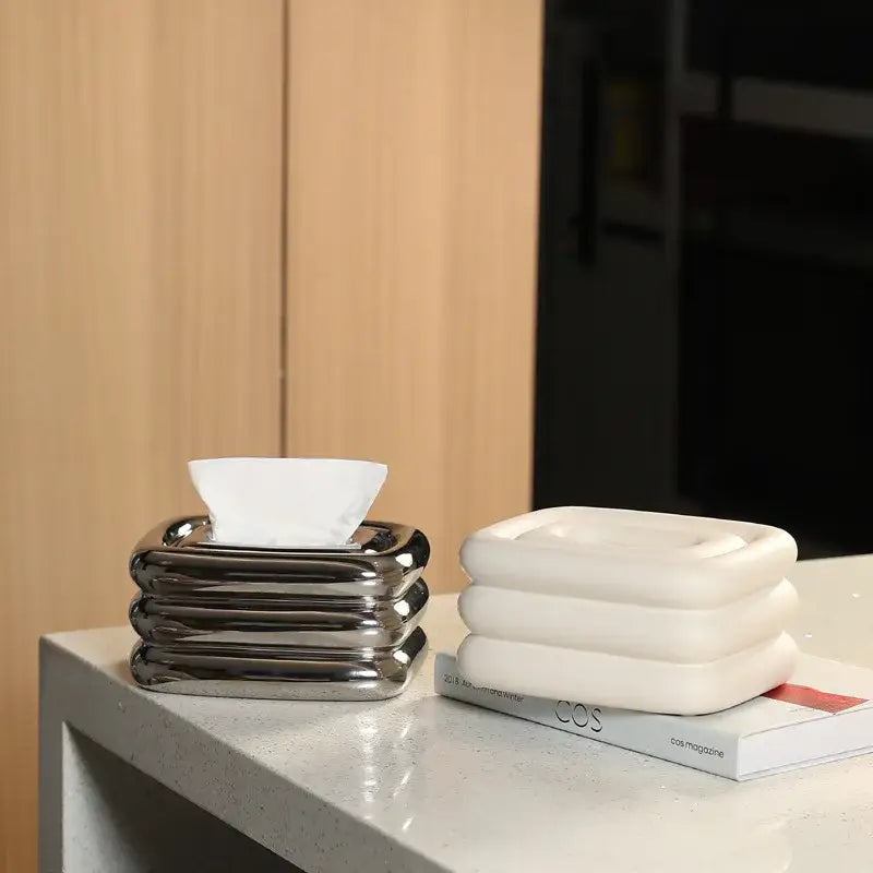 Silver ribbed tissue box holder with modern stacked design for living room decorbites geometric fringe style