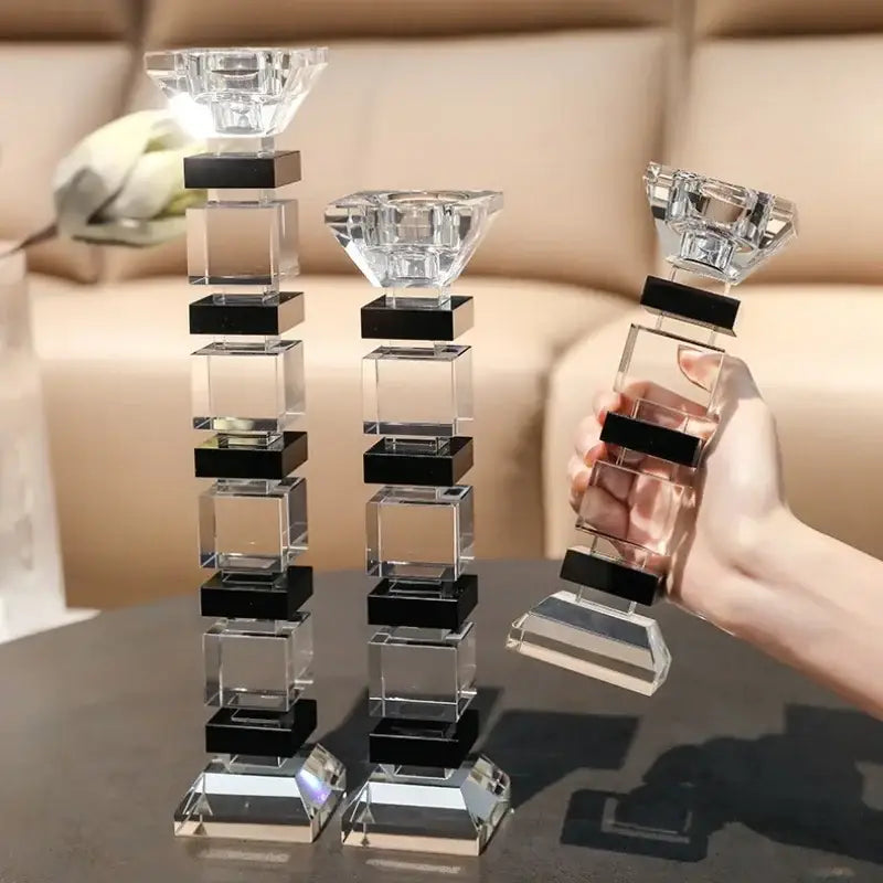 Modern geometric glass candle holder set with clear crystal and black square accents in block design decorbites style