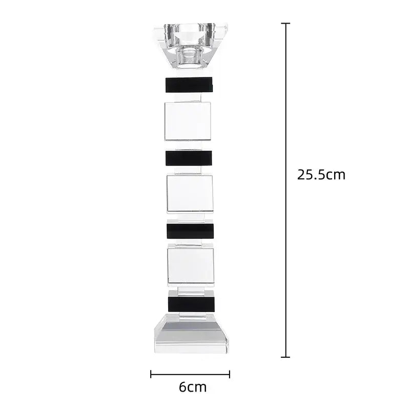 Clear crystal candle holder with alternating black and transparent square segments in decorbites geometric glass block design