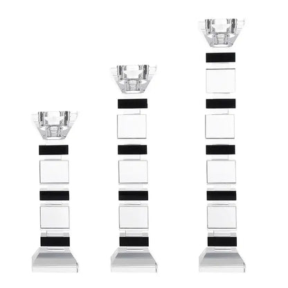 Set of three modern crystal candle holders with alternating black and clear square tiers in decorbites geometric glass block design