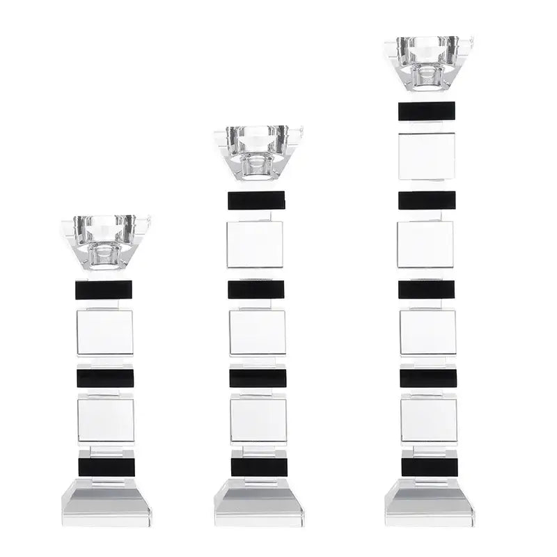 Set of three modern crystal candle holders with alternating black and clear square tiers in decorbites geometric glass block design