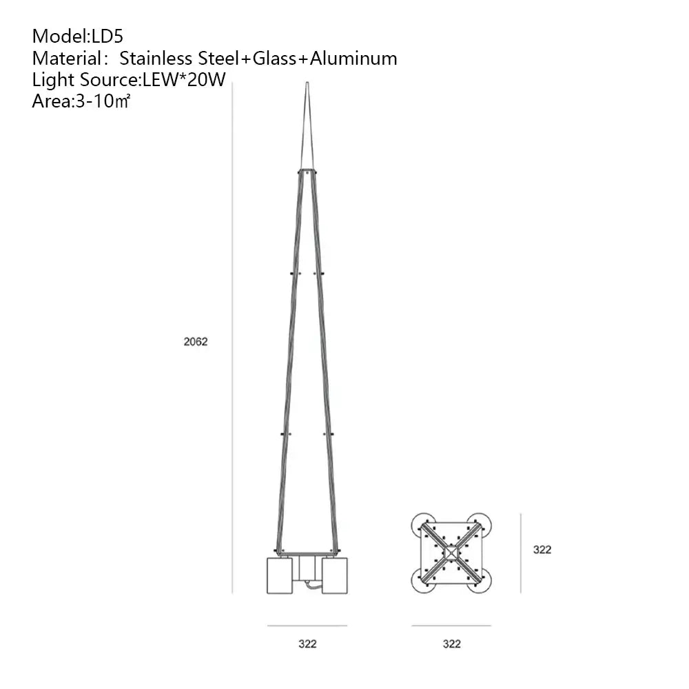 Modern geometric glass cone chandelier pendant lamp with stainless steel, glass, and aluminum triangular design