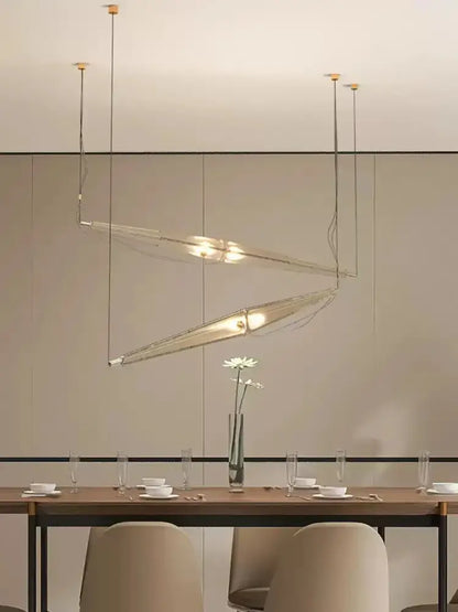 Modern geometric glass cone chandelier featuring a sleek angular glass cone and metal structure for dining room lighting