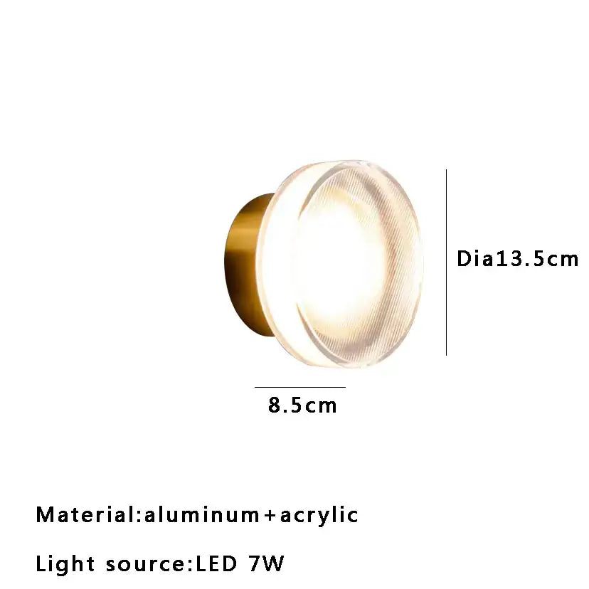 Modern circular wall-mounted led light with brass-finished aluminum base and acrylic diffuser for glass cone chandelier decor