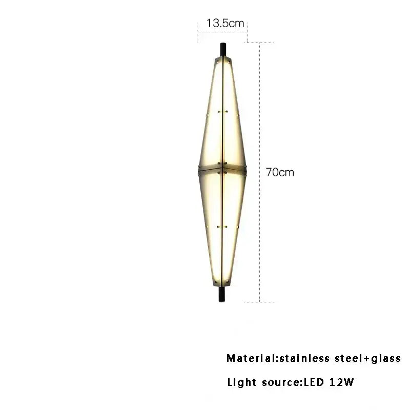 A sleek 70cm tall modern glass cone chandelier with tapered glass and stainless steel for dining room lighting