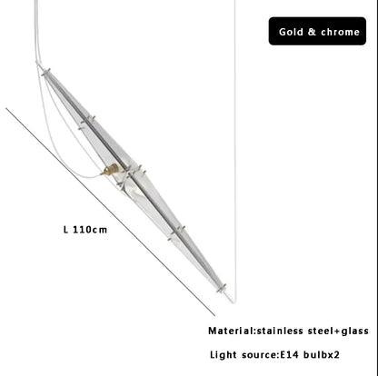 A sleek modern glass cone chandelier pendant light with gold and chrome stainless steel and glass for dining rooms