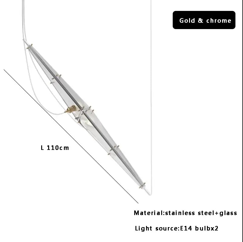 A sleek modern glass cone chandelier pendant light with gold and chrome stainless steel and glass for dining rooms