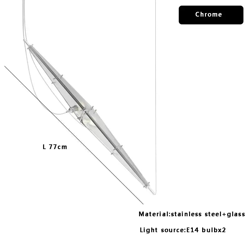 Modern geometric glass cone chandelier with chrome finished stainless steel and two E14 bulbs for dining room lighting