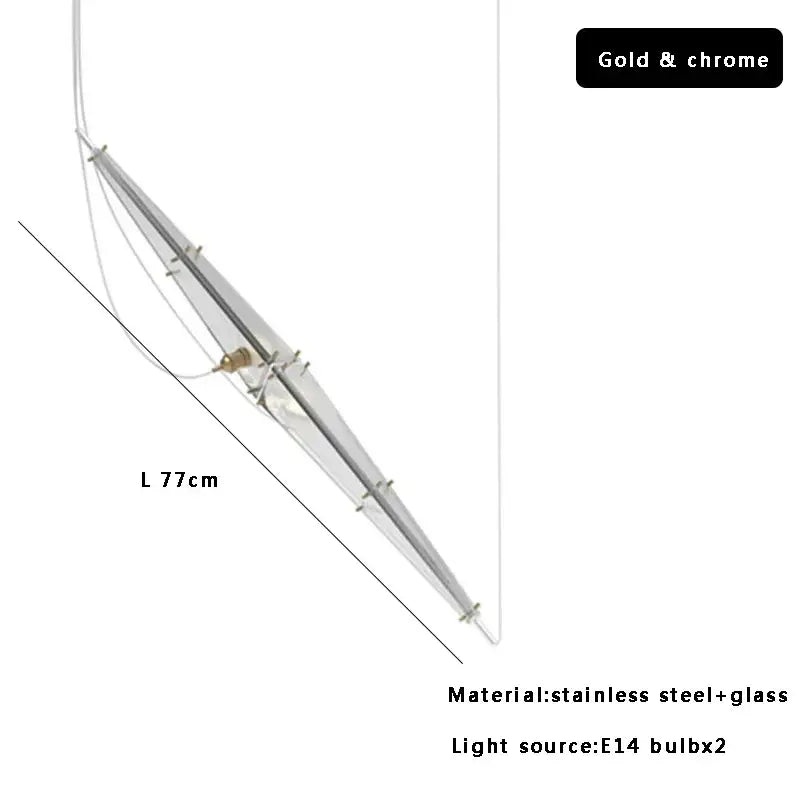 A modern geometric glass cone chandelier with a transparent glass cone body and gold and chrome accents for dining rooms