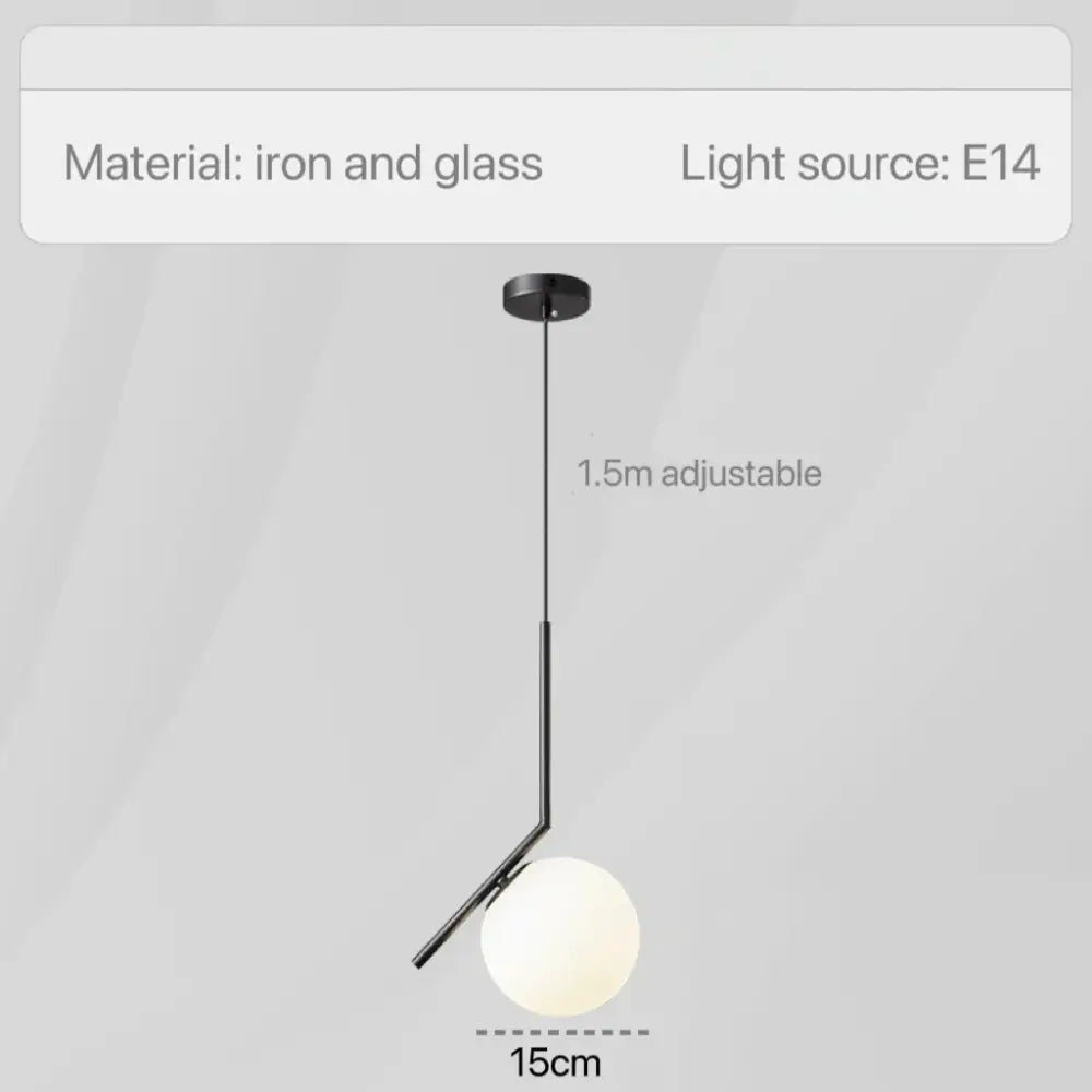 Black iron and glass pendant lights with spherical frosted glass shade ideal for bedroom bedside chandeliers
