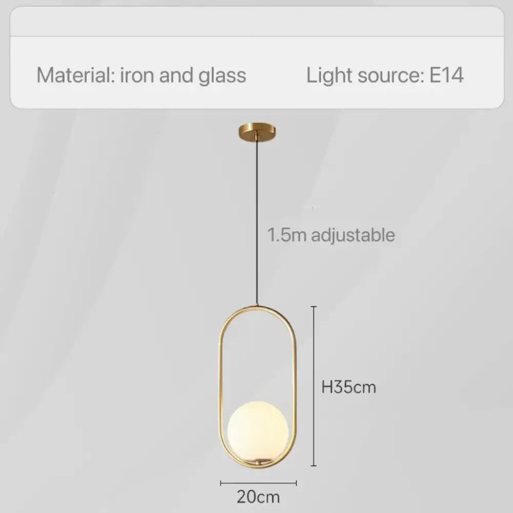 Gold-toned glass pendant light with oval iron frame and frosted globe for modern bedroom bedside chandeliers
