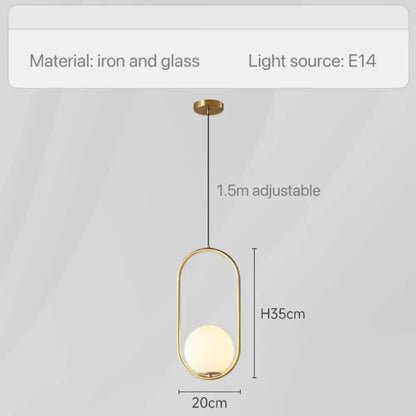 Gold-toned glass pendant light with oval iron frame and frosted globe for modern bedroom bedside chandeliers