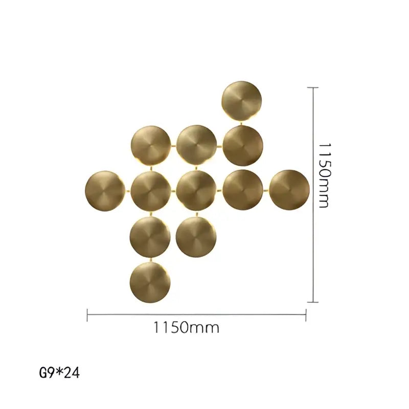 Modern geometric glossy gold led wall sconces featuring gold-colored circular metal art for living room decor