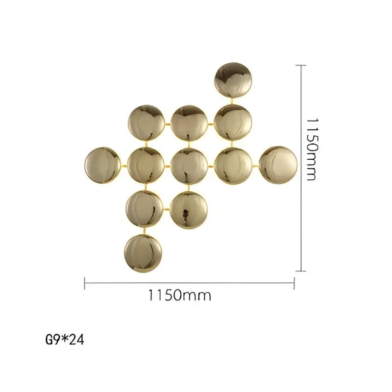 Modern geometric glossy gold led wall sconces featuring gold-colored metallic spherical art for living room decor