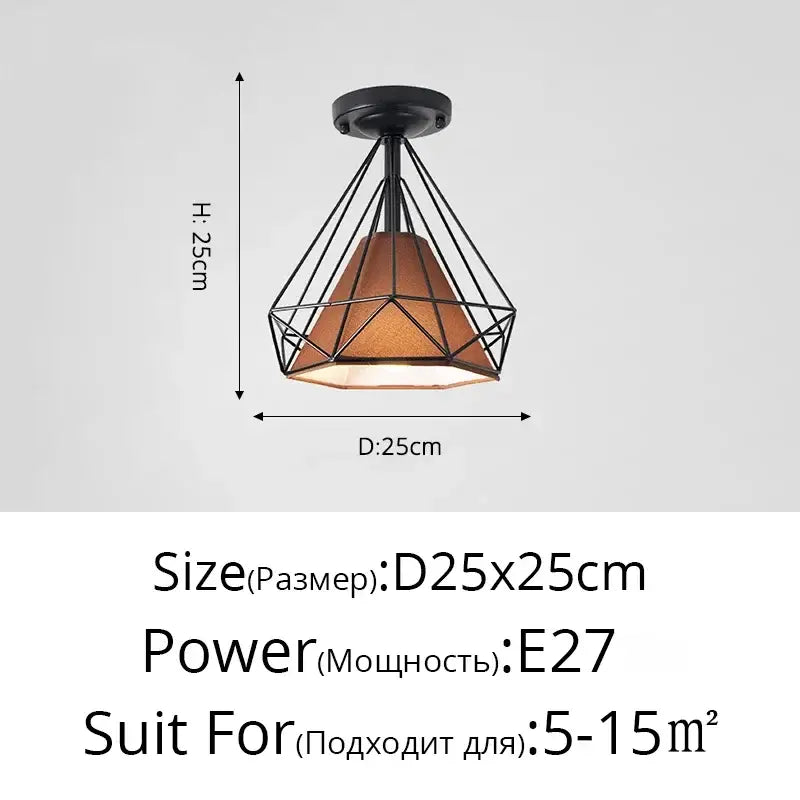 Black metal geometric cage ceiling light with warm amber fabric shade and crystal glass led for modern living room decorbites