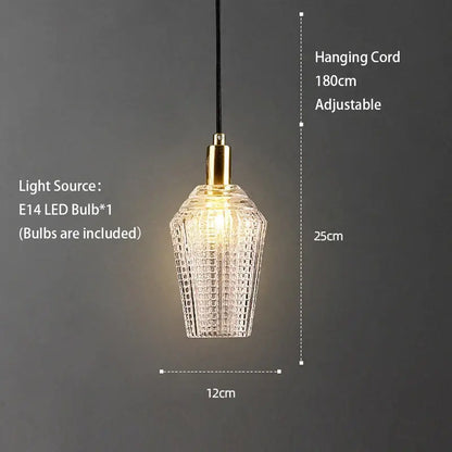 Modern geometric gold and clear crystal led ceiling chandelier with textured glass pendant and adjustable black cord decorbites crystal led