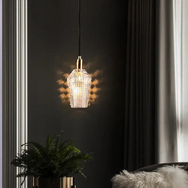 Modern geometric gold and clear crystal led ceiling chandelier with faceted glass pendant and black cord decorbites crystal led